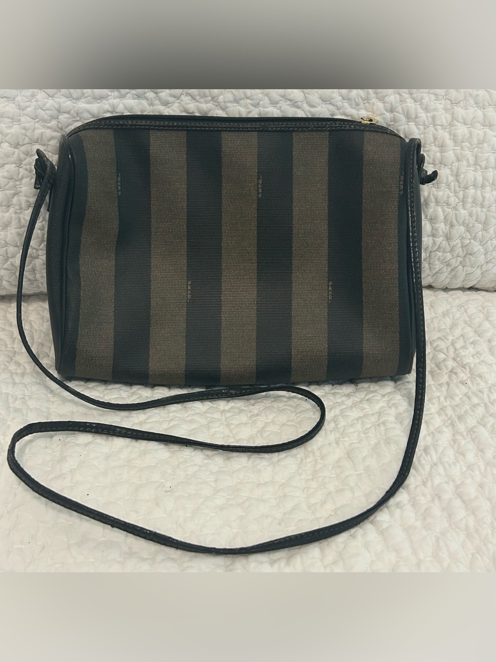 Vintage Fendi Pequin Striped Coated Canvas Crossbody Bag Women’s Brown